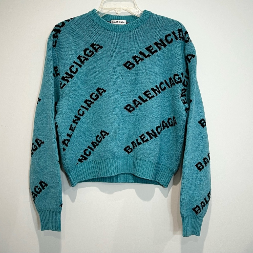 Balenciaga Sweater Teal Blue Logo Crew Neck Cropped Wool Oversized Small-Large